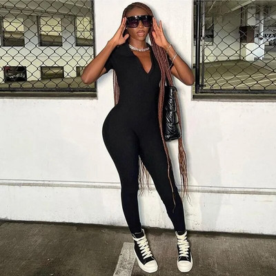 Ženski novi Y2K šik kombinezon na preklop kratkih rukava O izrez duge hlače Odjevni predmeti bez leđa Tanki jednodijelni Seksi i High Street 2024