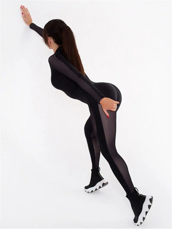 Дамски лято 2023 Нова мода Персонализиран мрежест панел с цип Стегнат дишащ спортен комплект Боди Фитнес йога костюм