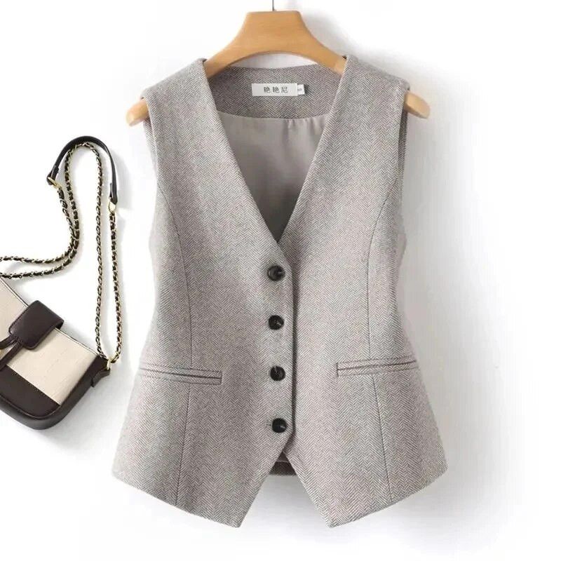 Nyári V-nyakú mellény női vékony, bő mellény, egysoros, ujjatlan blézer női, vékony, rövid mellény, vékony gombok