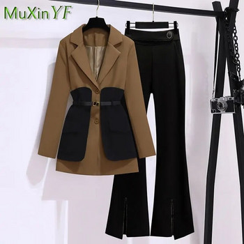 Γυναικείο παντελόνι 2024 Άνοιξη Φθινόπωρο Νέο συνονθύλευμα Midi κοστούμι παλτό+Micro Flare παντελόνι 2 τεμαχίων Κορεατικά Casual Blazers ασορτί