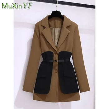 Γυναικείο παντελόνι 2024 Άνοιξη Φθινόπωρο Νέο συνονθύλευμα Midi κοστούμι παλτό+Micro Flare παντελόνι 2 τεμαχίων Κορεατικά Casual Blazers ασορτί