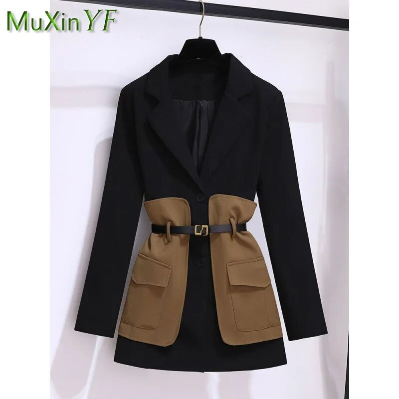 Női nadrágkosztüm 2024 tavaszi ősz új patchwork midi öltöny kabát+micro flare nadrág 2 részes koreai alkalmi blézerek hozzáillő készlet