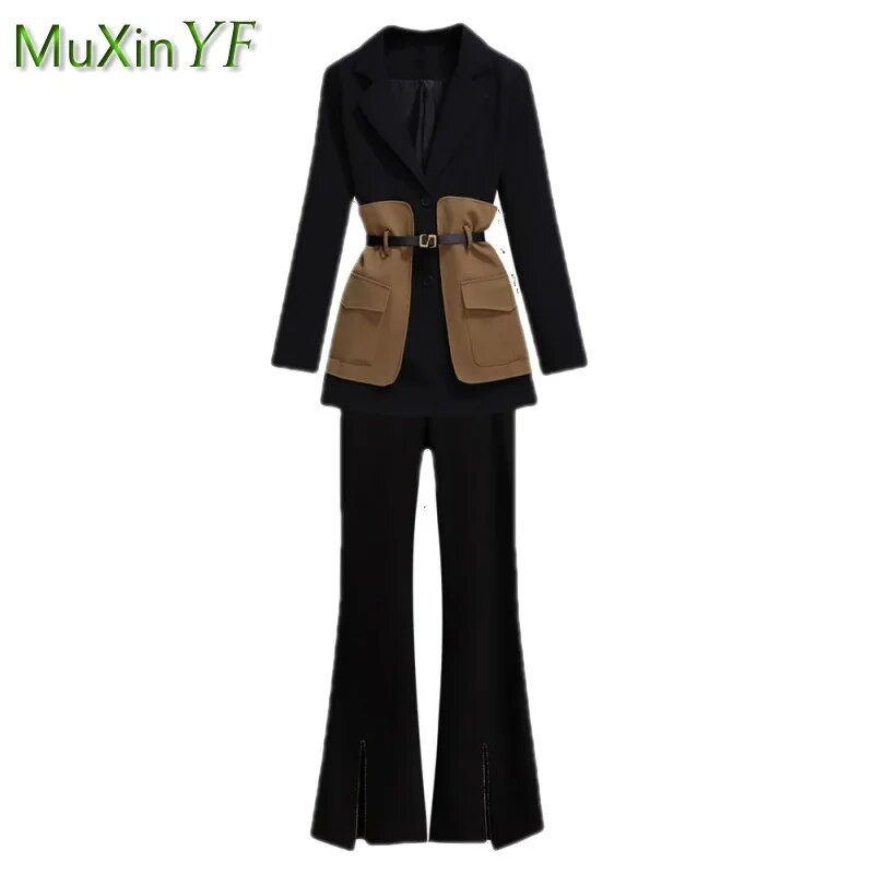 Női nadrágkosztüm 2024 tavaszi ősz új patchwork midi öltöny kabát+micro flare nadrág 2 részes koreai alkalmi blézerek hozzáillő készlet