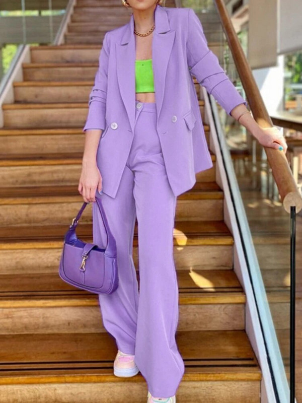 Kétrészes öltönygarnitúrák női őszi téli magas derekú, egyenes nadrágzsebek, kétsoros koreai kabát, laza, alkalmi tömör blézer