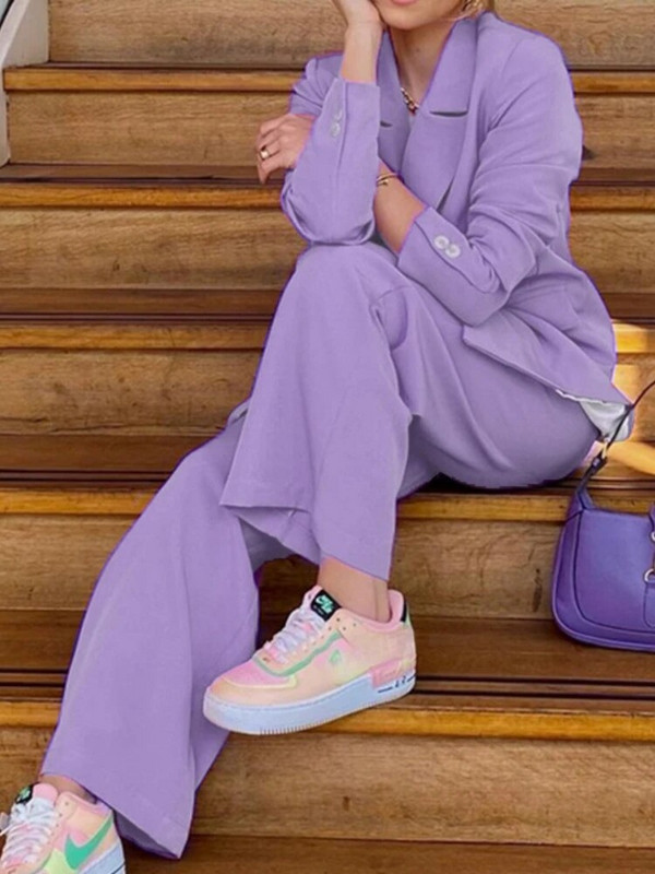 Kétrészes öltönygarnitúrák női őszi téli magas derekú, egyenes nadrágzsebek, kétsoros koreai kabát, laza, alkalmi tömör blézer