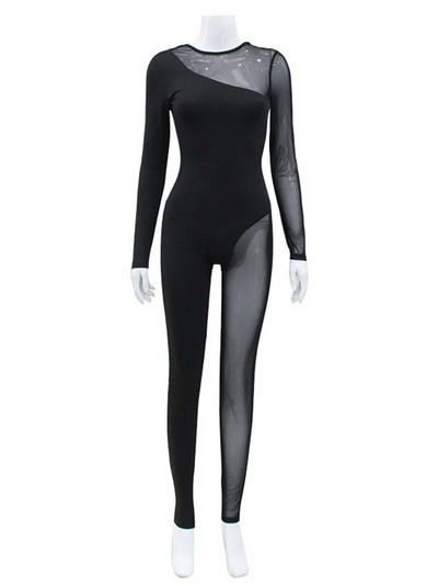 2024. Elegantni šik mrežasti patchwork kombinezon bez leđa Ženski prozirni crni bodi s O izrezom i dugim rukavima za noćni klub za zabave