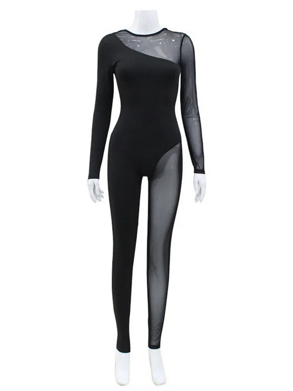 2024. Elegantni šik mrežasti patchwork kombinezon bez leđa Ženski prozirni crni bodi s O izrezom i dugim rukavima za noćni klub za zabave