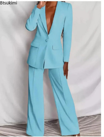 2024 Дамски официални офисни комплекти от 2 бр. Едноцветни костюми с блейзъри и комплекти панталони Комплекти с прилепнали дамски панталони Комплекти Анцузи с темперамент