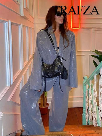 TRAFZA Дамски модни костюми с обърната яка с дълги ръкави, джобове, пайети, украса, едноредни блейзъри + дълъг панталон с висока талия