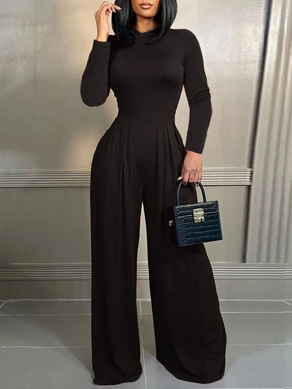 Elegantiški moteriški stovintys kaklo kombinezonai ploni ilgomis rankovėmis rudens/žiemos mados spaudiniai plačios kojos šliaužtinukai laisvalaikio juosmens kombinezonai gatvės apranga