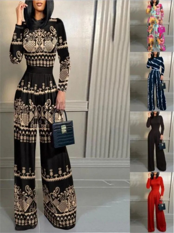 Elegantiški moteriški stovintys kaklo kombinezonai ploni ilgomis rankovėmis rudens/žiemos mados spaudiniai plačios kojos šliaužtinukai laisvalaikio juosmens kombinezonai gatvės apranga