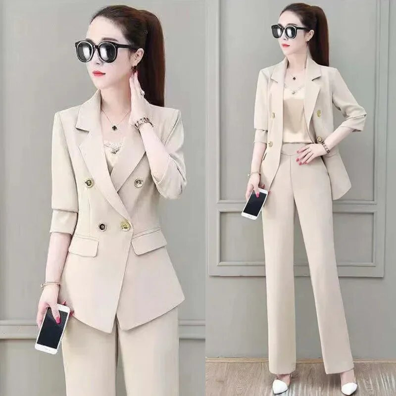 Korejski tanki sako bez podstave i odijelo s hlačama širokih nogavica Proljetni uredski damski elegantni set od 2 dijela Ženska odjeća Ensemble Femme T38