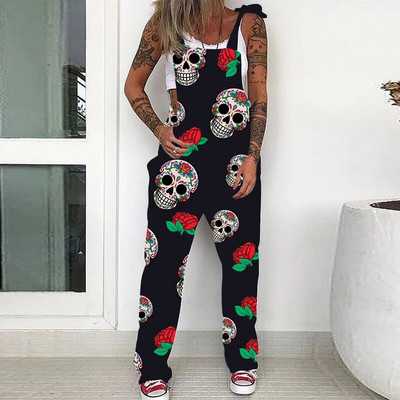 Moteriški Sexy Spaghrtti Strip Jumpsuits Kombinezonai su kišenėmis be rankovių, plačių kojų kaukolės spausdinta Punk kombinezonas, skirtas moteriškiems drabužiams