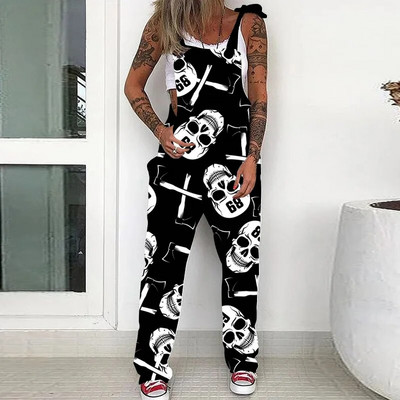 Moteriški Sexy Spaghrtti Strip Jumpsuits Kombinezonai su kišenėmis be rankovių, plačių kojų kaukolės spausdinta Punk kombinezonas, skirtas moteriškiems drabužiams