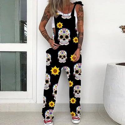 Moteriški Sexy Spaghrtti Strip Jumpsuits Kombinezonai su kišenėmis be rankovių, plačių kojų kaukolės spausdinta Punk kombinezonas, skirtas moteriškiems drabužiams