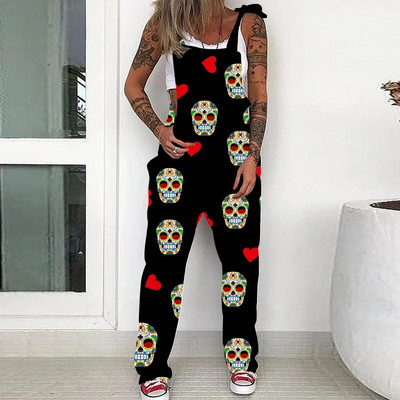 Moteriški Sexy Spaghrtti Strip Jumpsuits Kombinezonai su kišenėmis be rankovių, plačių kojų kaukolės spausdinta Punk kombinezonas, skirtas moteriškiems drabužiams