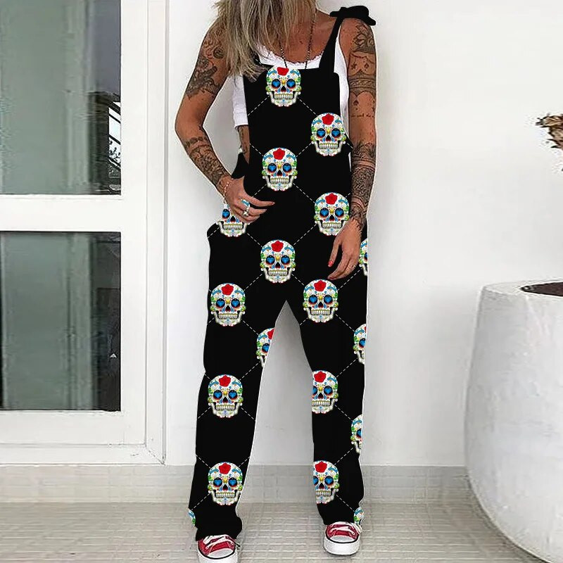 Moteriški Sexy Spaghrtti Strip Jumpsuits Kombinezonai su kišenėmis be rankovių, plačių kojų kaukolės spausdinta Punk kombinezonas, skirtas moteriškiems drabužiams
