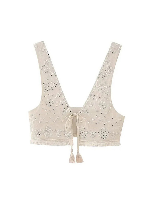 Vasarinės Y2K siuvinėjimo liemenės moterims V kaklo be rankovių su kutais Hem, plona liemenė 2023 m. moteriška, lengva atostogoms apkarpyta viršutinė dalis