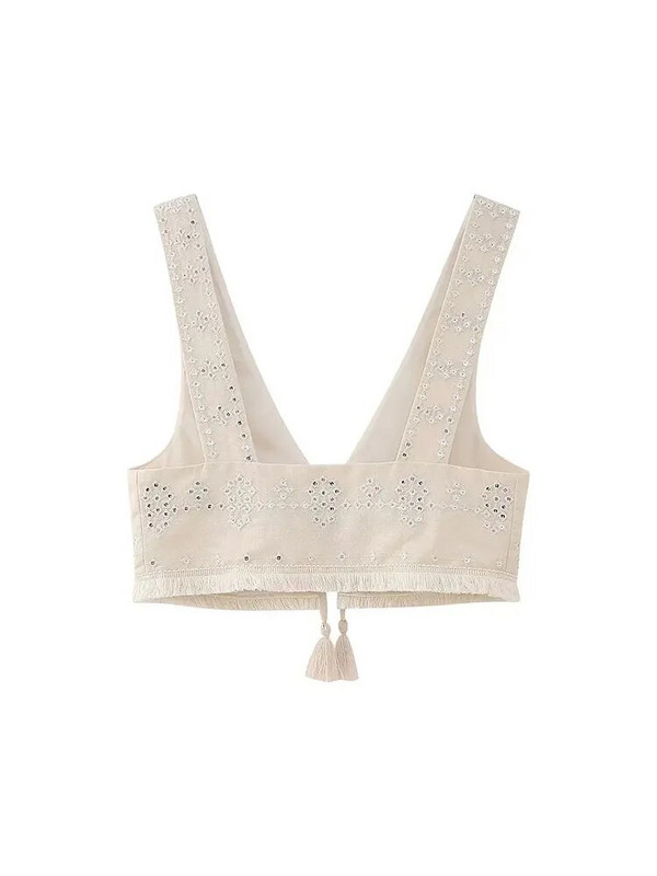 Vasarinės Y2K siuvinėjimo liemenės moterims V kaklo be rankovių su kutais Hem, plona liemenė 2023 m. moteriška, lengva atostogoms apkarpyta viršutinė dalis