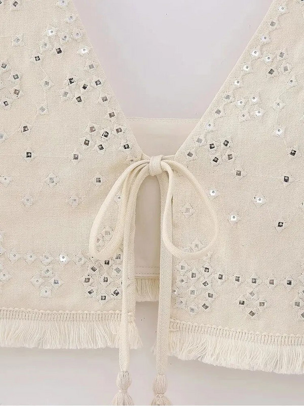 Vasarinės Y2K siuvinėjimo liemenės moterims V kaklo be rankovių su kutais Hem, plona liemenė 2023 m. moteriška, lengva atostogoms apkarpyta viršutinė dalis