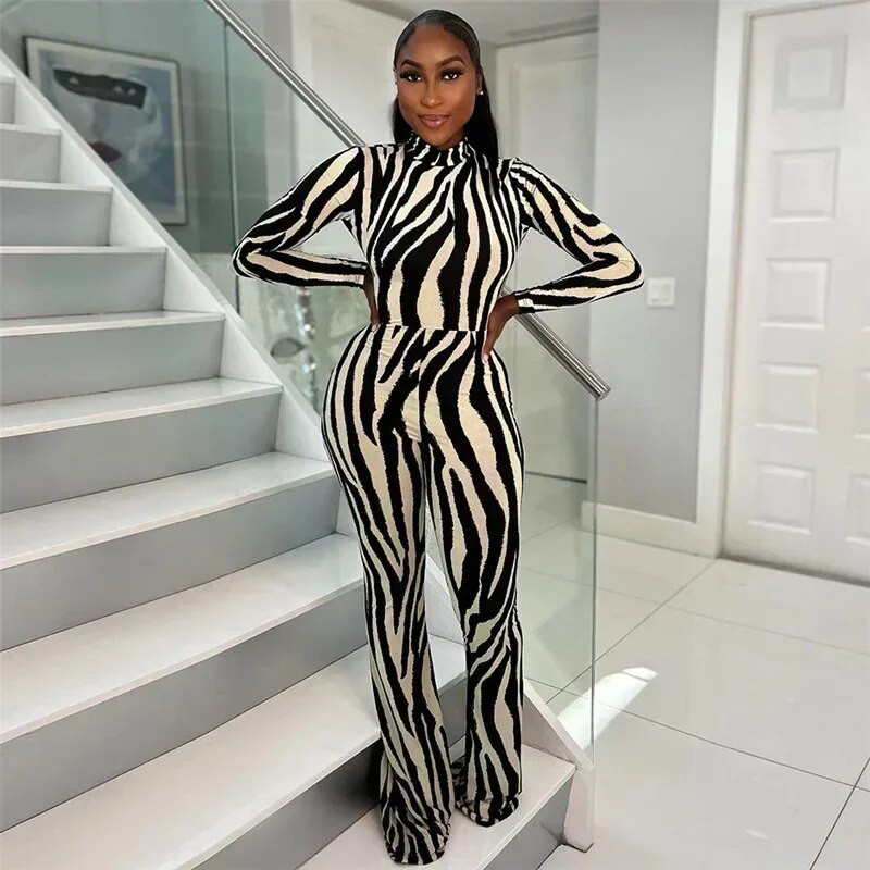 ANJAMANOR Jednodijelni ženski kombinezon sa zebrastim prugama Elegantni, seksi, široki kombinezoni dugih rukava bez leđa D66-CI35