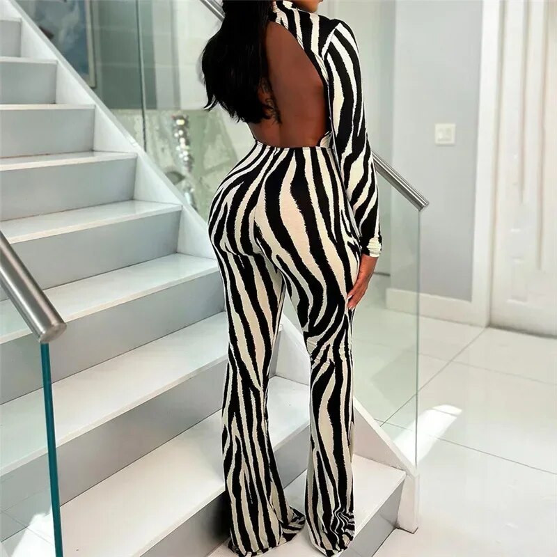 ANJAMANOR Jednodijelni ženski kombinezon sa zebrastim prugama Elegantni, seksi, široki kombinezoni dugih rukava bez leđa D66-CI35