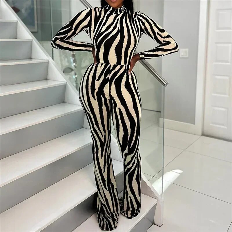 ANJAMANOR Jednodijelni ženski kombinezon sa zebrastim prugama Elegantni, seksi, široki kombinezoni dugih rukava bez leđa D66-CI35