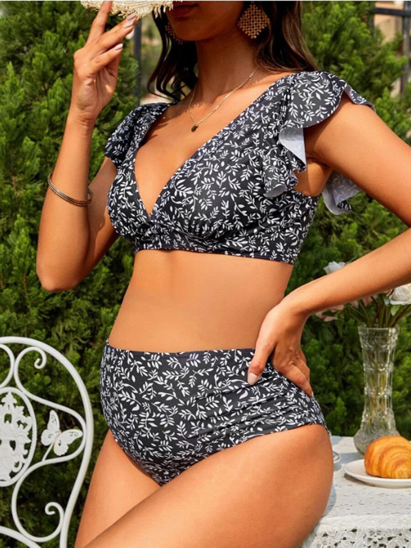 2024 V λαιμόκοψη μπικίνι έγκυο βολάν Γυναικεία στάμπα Ψηλόμεση μαγιό Γυναικείες λουόμενες Μαγιό κολύμβησης Μαγιό παραλίας