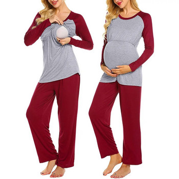 2022 г. Комплект пижами за бременни и бременни жени с дълъг ръкав, тениска за кърмачки, горнища + регулируеми панталони, пижами, спално облекло
