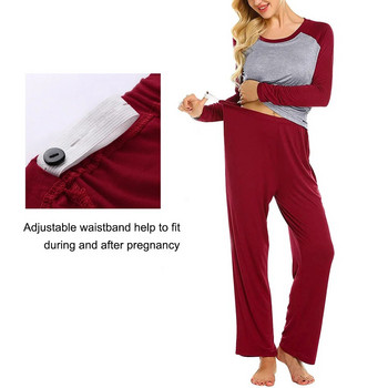 2022 г. Комплект пижами за бременни и бременни жени с дълъг ръкав, тениска за кърмачки, горнища + регулируеми панталони, пижами, спално облекло