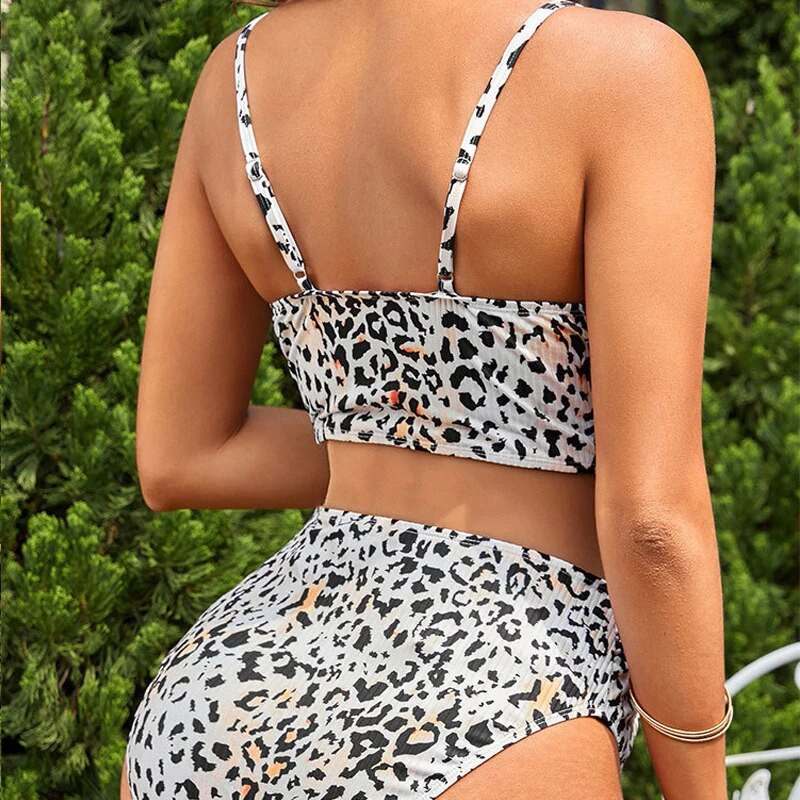Dviejų dalių maudymosi kostiumėlis nėščioms moterims 2023 m. leopardo raštais su V formos iškirpte aukštu juosmeniu, bikinio maudymosi kostiumėlis be nugarų