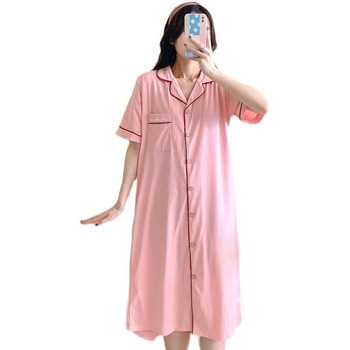 Καλοκαιρινό βαμβακερό νυχτικό εγκυμοσύνης μετά τον τοκετό γυναικεία ζακέτα θηλασμού πιτζάμες κοντομάνικο φόρεμα θηλασμού με γυριστό γιακά
