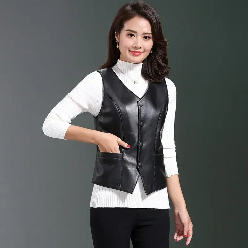 Moteriškos dirbtinės odos liemenės, moteriškos vieno mygtuko motociklo dviratininko pu striukės, moteriškos „viskas atitinkančios PU“ liemenės G169