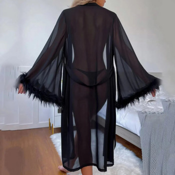 Дамски моден халат със връзки Секси бельо Бельо от тюл Рокля с дължина до пода Макси халат Халати Дълъг халат от пера