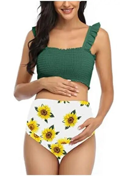 „Ruffles“ aukšto juosmens tankini rinkinys, 2021 m. nėščiųjų maudymosi kostiumėliai, dviejų dalių bikiniai nėščioms moterims maudymosi maudymosi kostiumėlis, nėštumas, paplūdimio apranga
