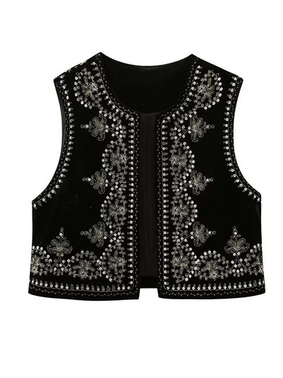 Siuvinėti blizgučiais aksomo liemenės moteriški senoviniai trumpi megztiniai be rankovių O formos kaklo 2023 m. madingos moteriškos liemenės į darbą ir atgal