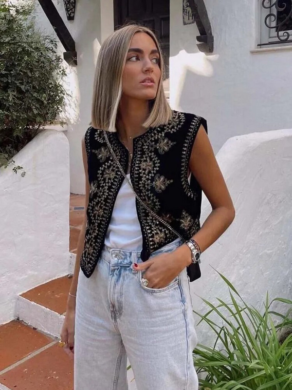 Siuvinėti blizgučiais aksomo liemenės moteriški senoviniai trumpi megztiniai be rankovių O formos kaklo 2023 m. madingos moteriškos liemenės į darbą ir atgal