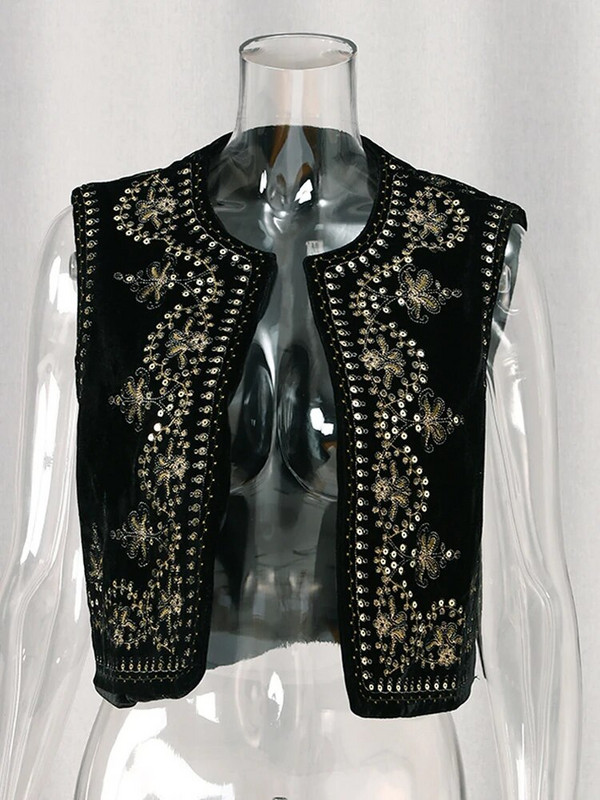 Siuvinėti blizgučiais aksomo liemenės moteriški senoviniai trumpi megztiniai be rankovių O formos kaklo 2023 m. madingos moteriškos liemenės į darbą ir atgal