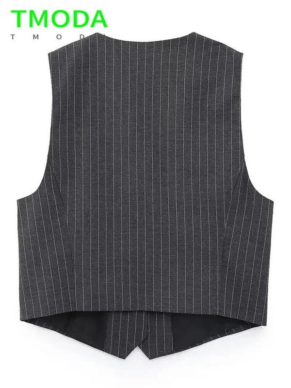 T MODA 2023 Vasaros Moterų mados priekinės sagos tamsiai pilkos dryžuotos liemenės Vintažinės kišenės Moteriški viršutiniai drabužiai Prašmatnios liemenės, moteriškos