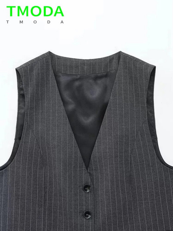 T MODA 2023 Vasaros Moterų mados priekinės sagos tamsiai pilkos dryžuotos liemenės Vintažinės kišenės Moteriški viršutiniai drabužiai Prašmatnios liemenės, moteriškos