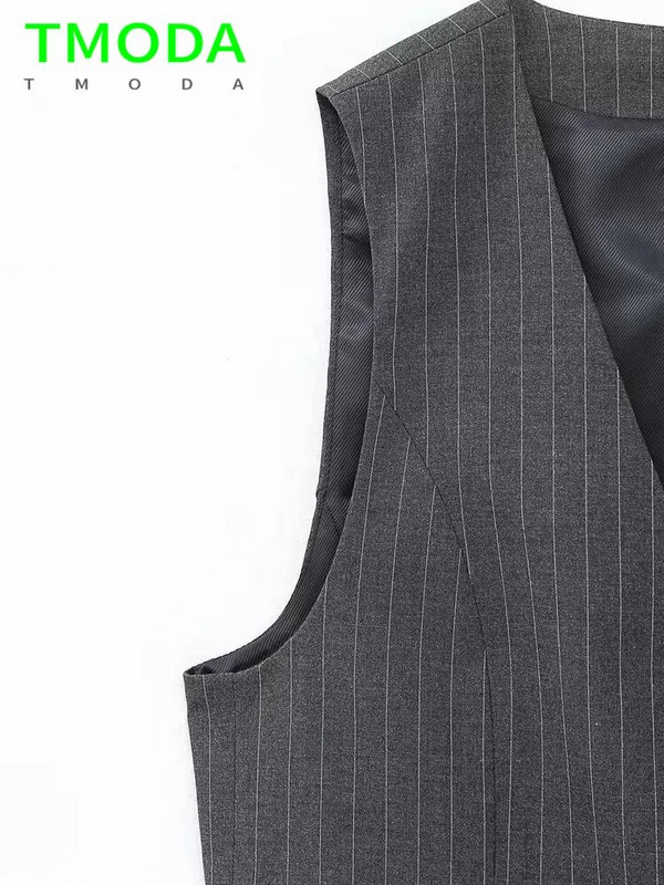 T MODA 2023 Vasaros Moterų mados priekinės sagos tamsiai pilkos dryžuotos liemenės Vintažinės kišenės Moteriški viršutiniai drabužiai Prašmatnios liemenės, moteriškos