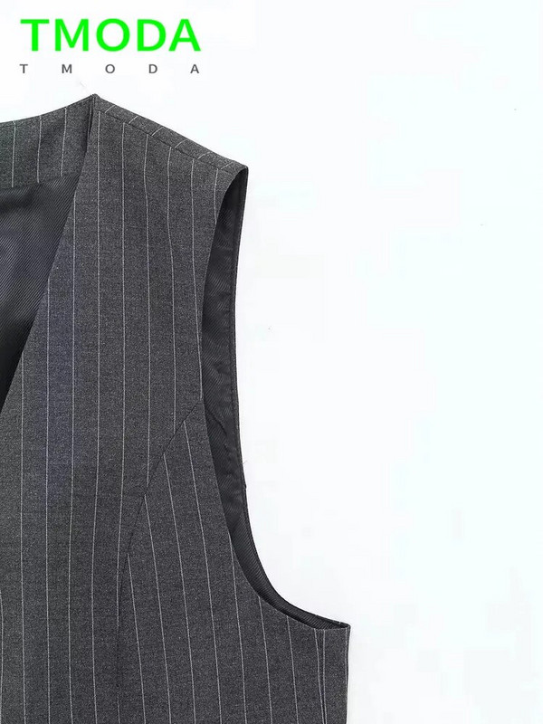 T MODA 2023 Vasaros Moterų mados priekinės sagos tamsiai pilkos dryžuotos liemenės Vintažinės kišenės Moteriški viršutiniai drabužiai Prašmatnios liemenės, moteriškos