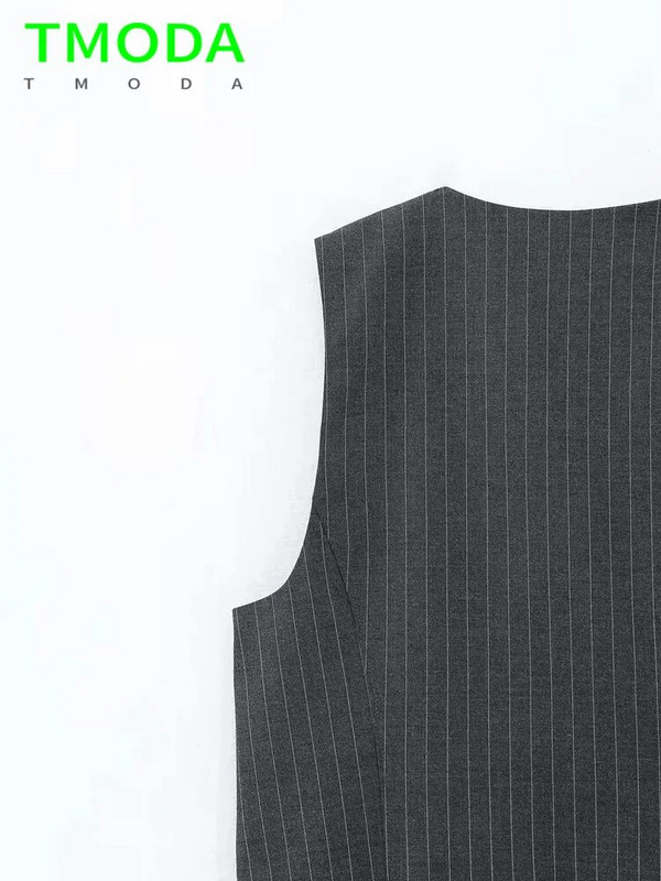 T MODA 2023 Vasaros Moterų mados priekinės sagos tamsiai pilkos dryžuotos liemenės Vintažinės kišenės Moteriški viršutiniai drabužiai Prašmatnios liemenės, moteriškos