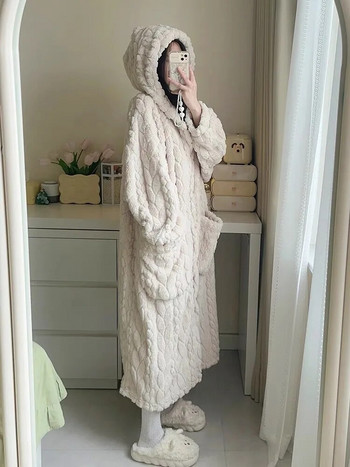 Дамски зимен халат с качулка и джобове с дълъг ръкав, топъл пеньоар Laides, удебелено едноредно домашно облекло за жени