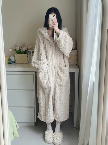 Дамски зимен халат с качулка и джобове с дълъг ръкав, топъл пеньоар Laides, удебелено едноредно домашно облекло за жени
