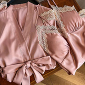 Rožinis chalatų komplektas Moteriškas chalatas namuose Seksuali nėriniuota naktiniai marškiniai nuotakos vestuvinė suknelė kimono naktinis marškinys Laisvas apatinis trikotažas