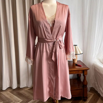 Ροζ Σετ μπουρνούζι Γυναικείο φόρεμα για το σπίτι Σέξι νυχτικό με δαντέλα νυφικό νυφικό νυφικό κιμονό Φαρδιά εσώρουχα