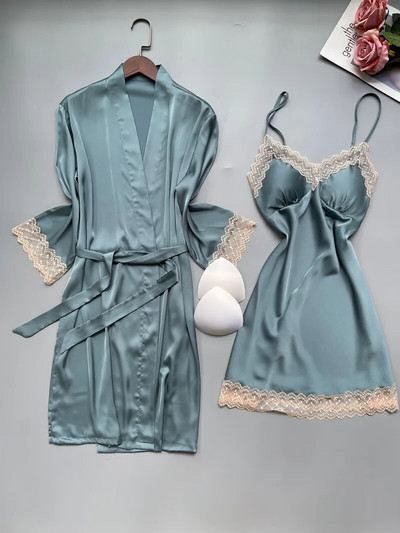 Rožinis chalatų komplektas Moteriškas chalatas namuose Seksuali nėriniuota naktiniai marškiniai nuotakos vestuvinė suknelė kimono naktinis marškinys Laisvas apatinis trikotažas