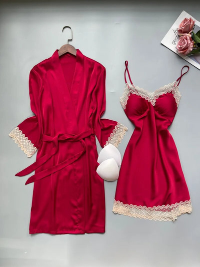 Rožinis chalatų komplektas Moteriškas chalatas namuose Seksuali nėriniuota naktiniai marškiniai nuotakos vestuvinė suknelė kimono naktinis marškinys Laisvas apatinis trikotažas