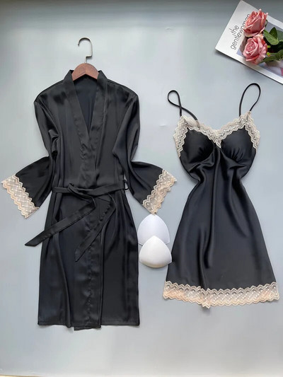 Rožinis chalatų komplektas Moteriškas chalatas namuose Seksuali nėriniuota naktiniai marškiniai nuotakos vestuvinė suknelė kimono naktinis marškinys Laisvas apatinis trikotažas